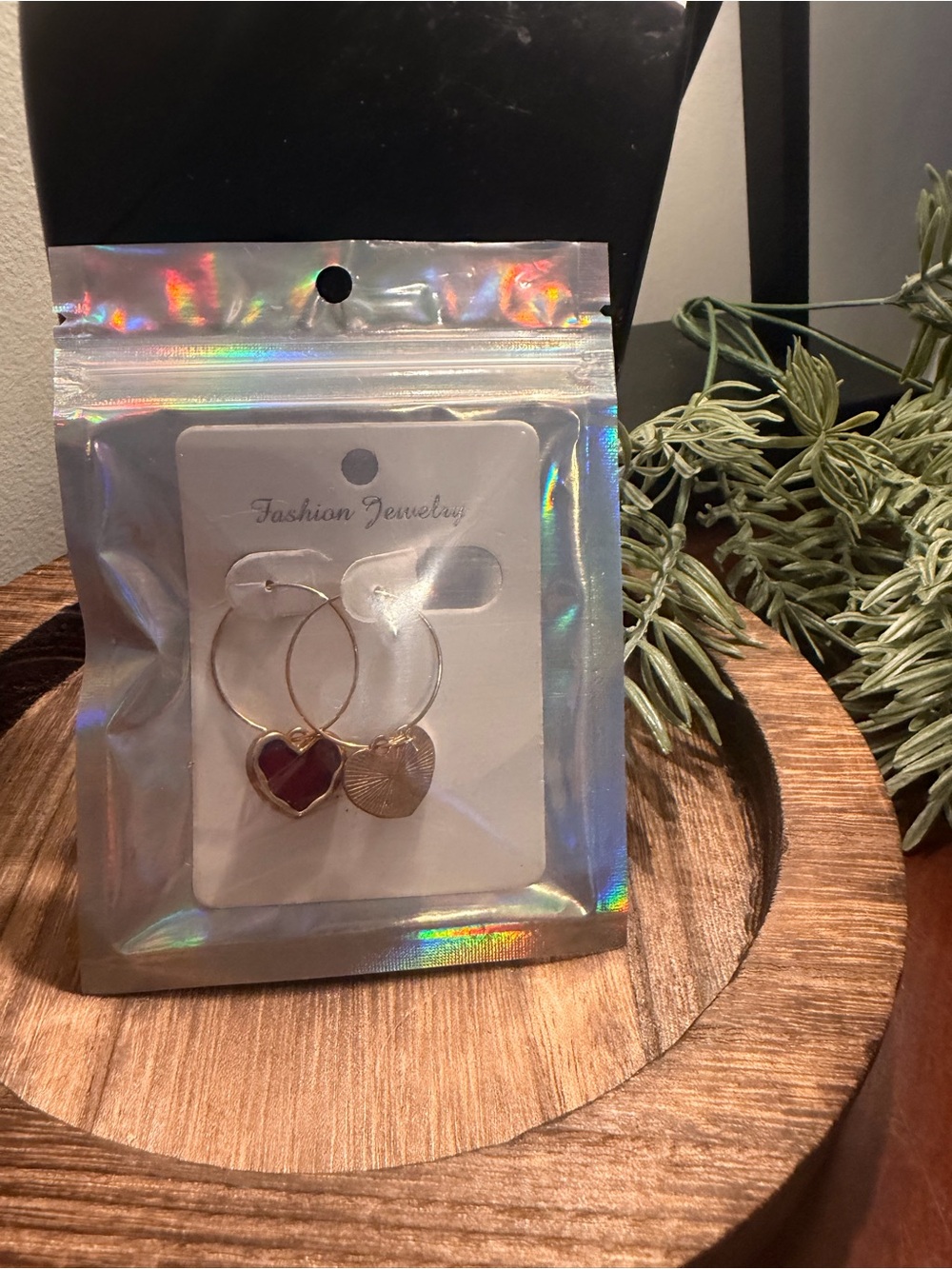 Fashion Jewelry Gold Hoop Earrings with Red Heart & Gold Textured Heart Charms